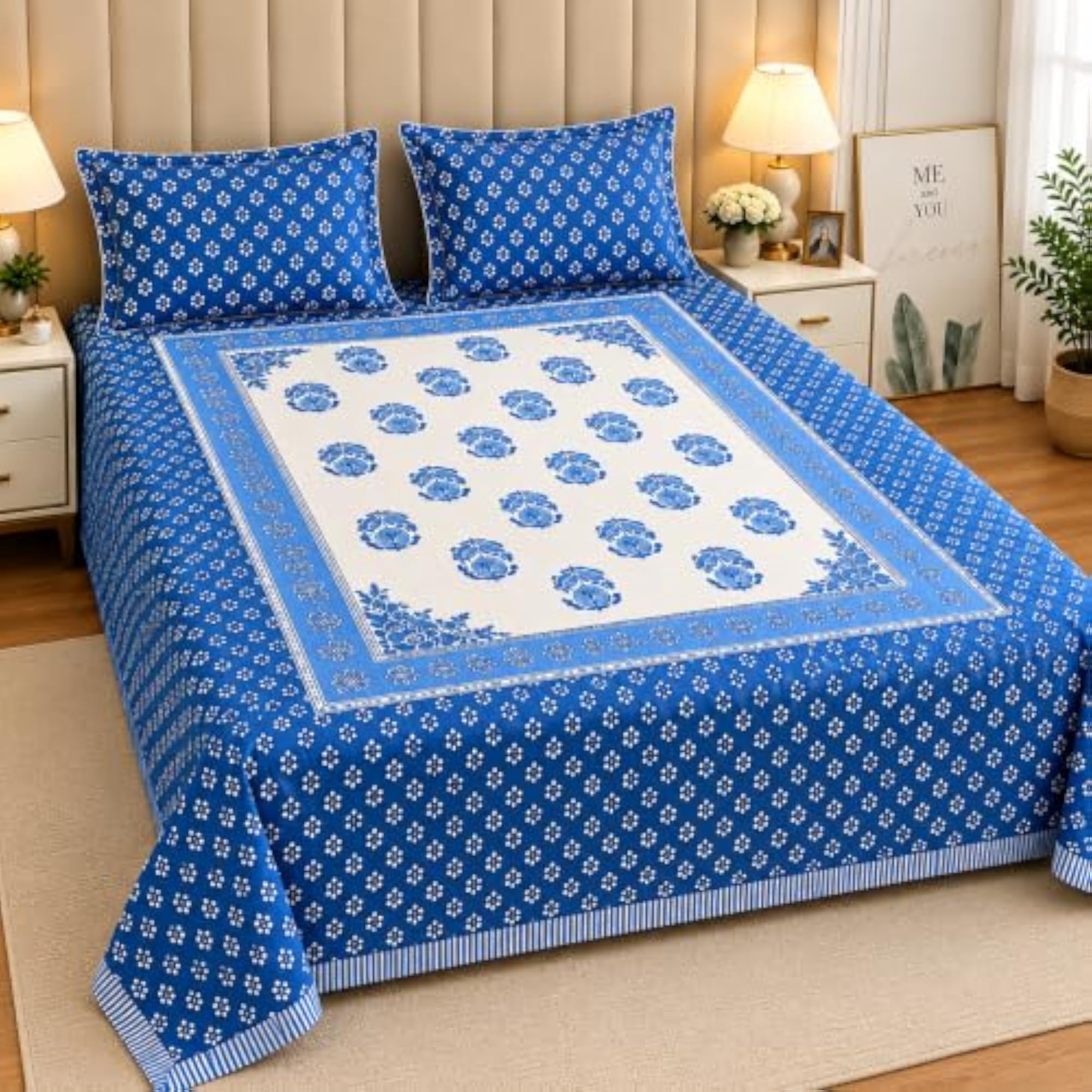 Blue Printed Double Bedsheet with 2 Pillow Covers, Floral Pattern